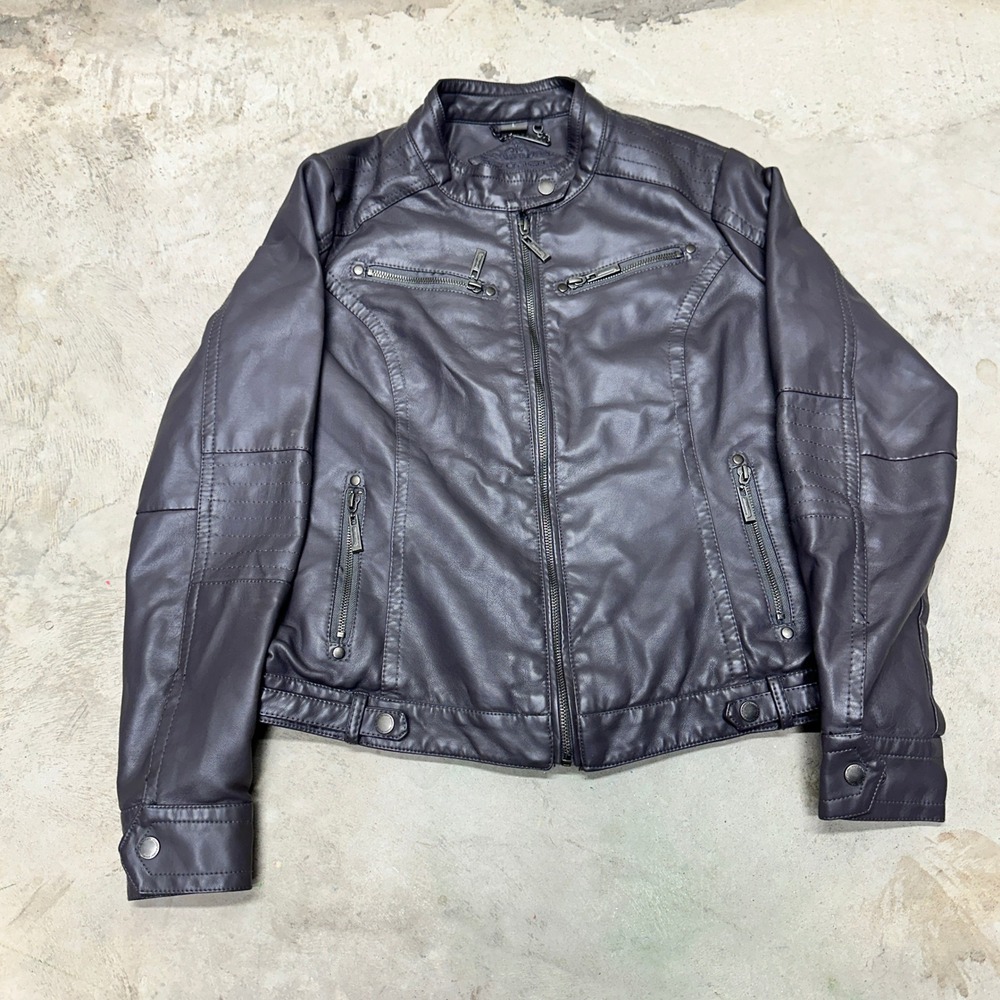 Women's Gray Faux Leather Jacket with Fur Lining Size L Moto Biker